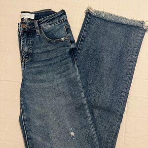 Risen Jeans - High-Rise Straight Leg Jeans with Frayed Hem in Medium Blue